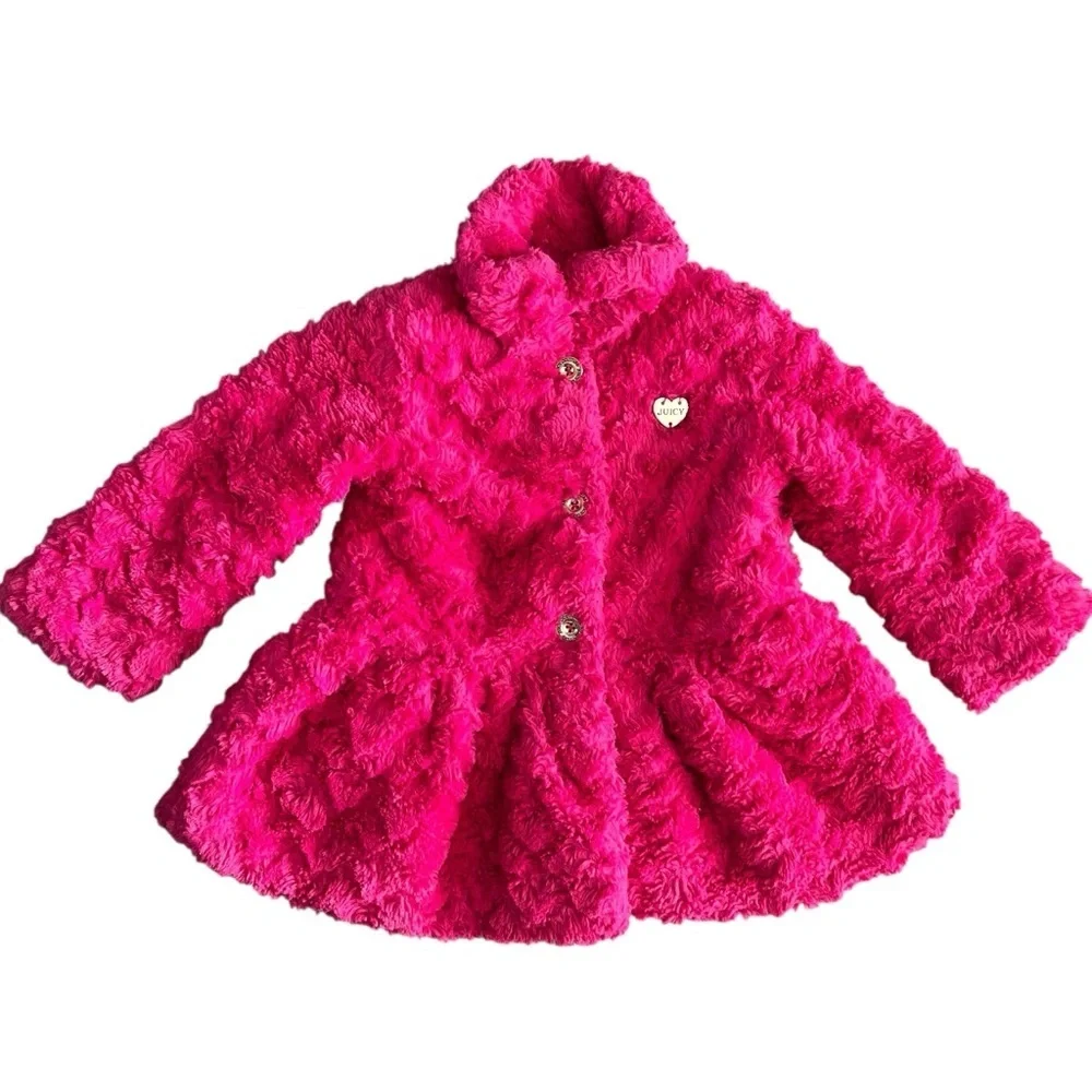 JUICY COUTURE Faux Fur Teddy Peplum Peacoat‎ in Hot Pink.